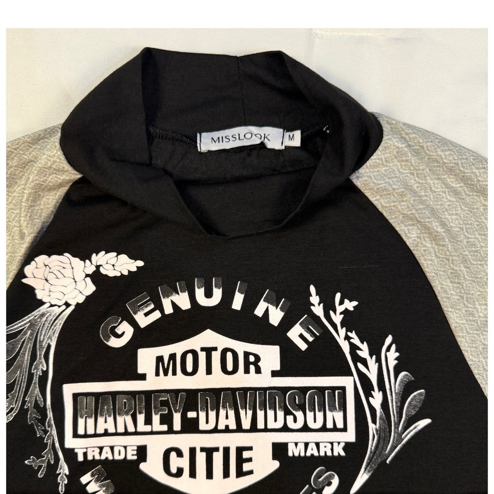 Misslook Harley‎ Davidson Graphic Raglan Long Sleeve Mock Neck Top Black Grey M - Picture 3 of 6